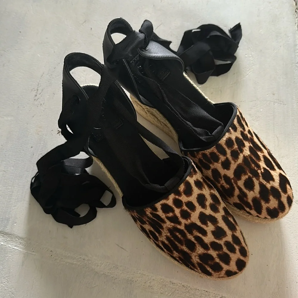 Tory Burch Elisa Leopard Print Espadrille Wedge Shoe Size 10.5 Calf Hair Lace Up - Picture 2 of 16